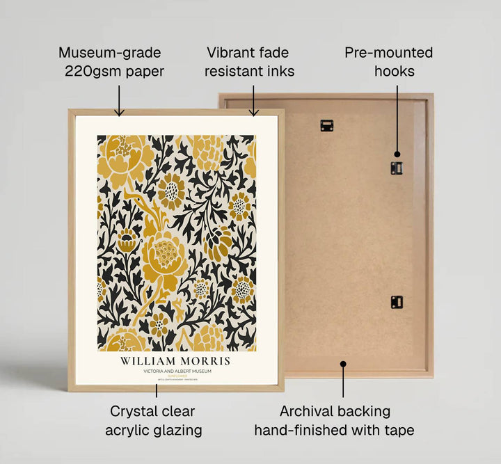 Ochre floral blooms and black foliage define this 1879 William Morris Sunflower poster. Discover high-quality framed, unframed, and canvas options available at MapYourDreams to style your home office gallery wall.