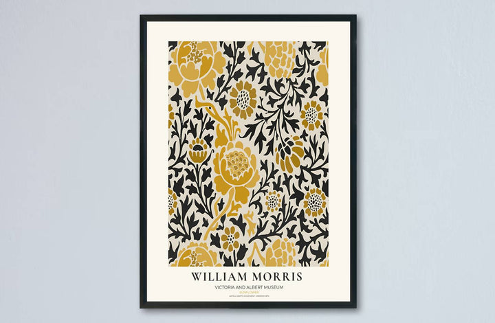 English textile heritage shines in this yellow and black William Morris Sunflower illustration. Order custom framed, unframed, and canvas options available at MapYourDreams to establish a graphic home interior accent.