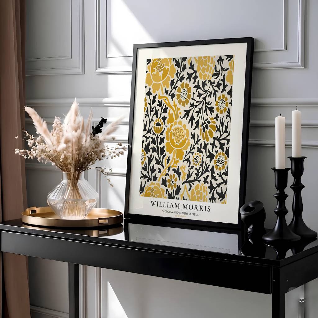 High-contrast yellow flowers and black leaves fill this William Morris Sunflower art print. MapYourDreams provides archival framed, unframed, and canvas options available for graphic home interior decoration.