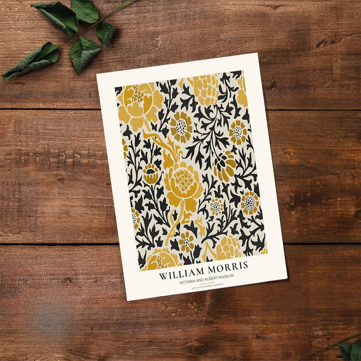 Mustard yellow blooms swirl across black foliage in this William Morris Sunflower art print. Discover ready-to-hang framed, unframed, and canvas options available at MapYourDreams for effortless room decoration.