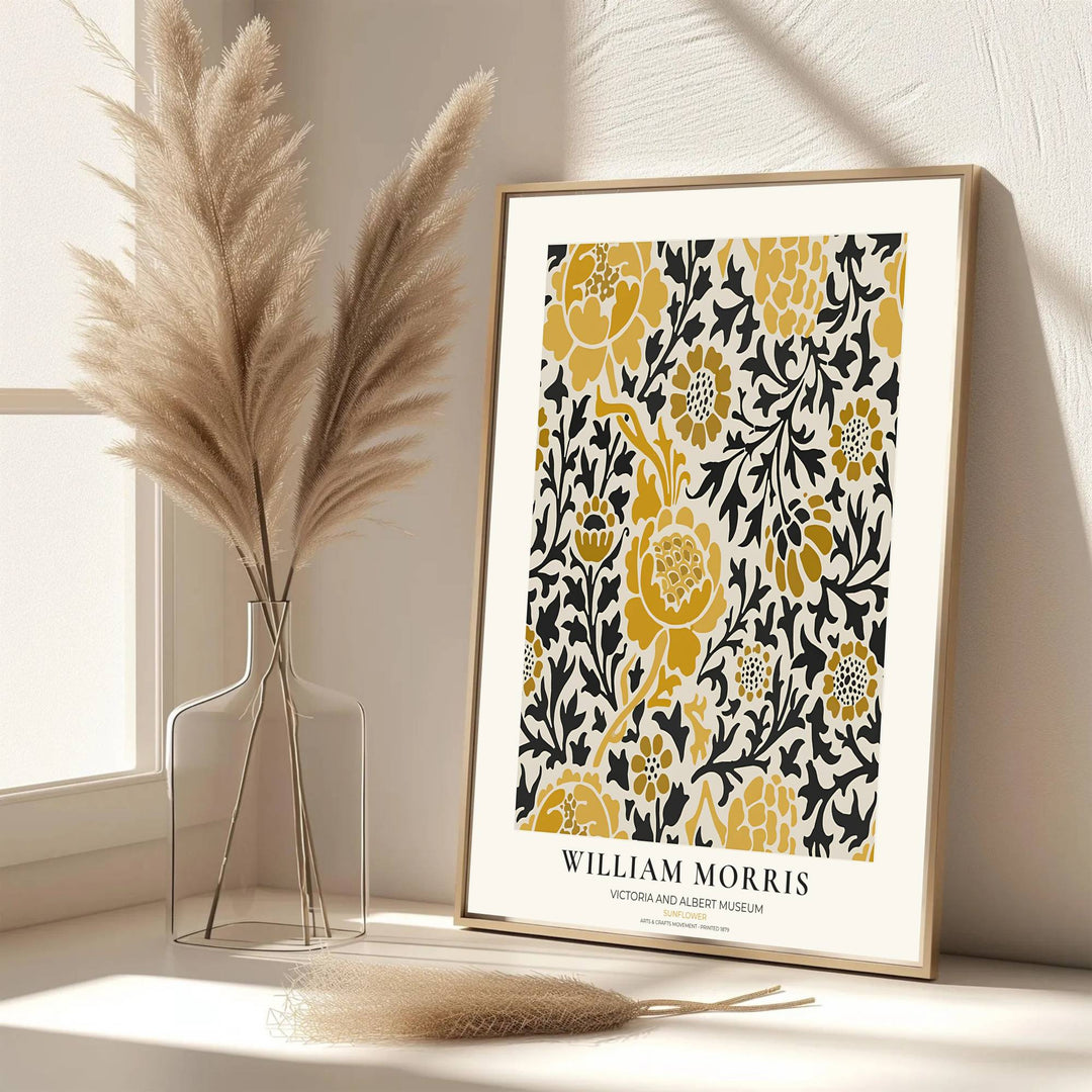 Swirling floral branches enclose sunflower blossoms in this vintage William Morris Sunflower design for wall decor. MapYourDreams offers versatile framed, unframed, and canvas options available to refresh your space.