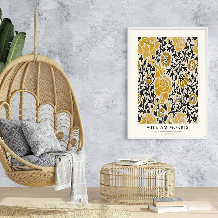 Stylized sunflower and leaf art combine for a bold aesthetic in this William Morris Sunflower poster. Shop ready-to-ship framed, unframed, and canvas options available from MapYourDreams to complement modern decor.