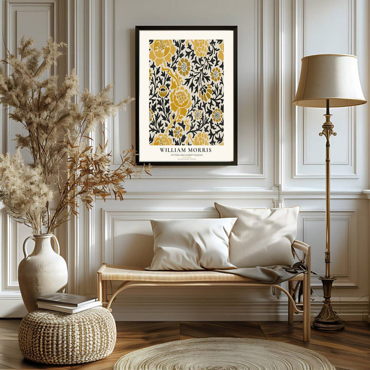 Botanical line art and golden sunflower patterns bring historic charm in this William Morris Sunflower print. MapYourDreams delivers museum-quality framed, unframed, and canvas options available for quick home delivery.