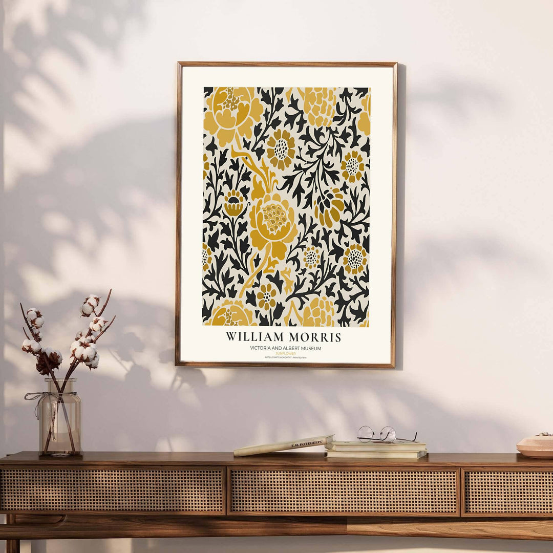 Muted mustard and black wall decor inspired by 1879 wallpaper defines this William Morris Sunflower print. MapYourDreams brings tailored framed, unframed, and canvas options available to match your unique home style.