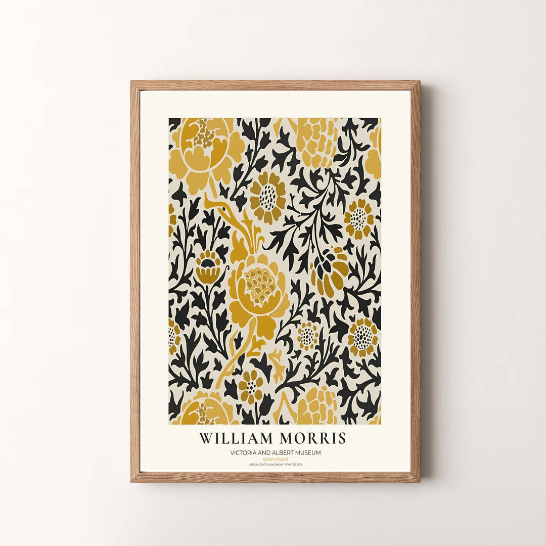 Authentic museum typography frames this yellow and black William Morris Sunflower art layout. Pick high-contrast framed, unframed, and canvas options available at MapYourDreams for a refined art presentation.
