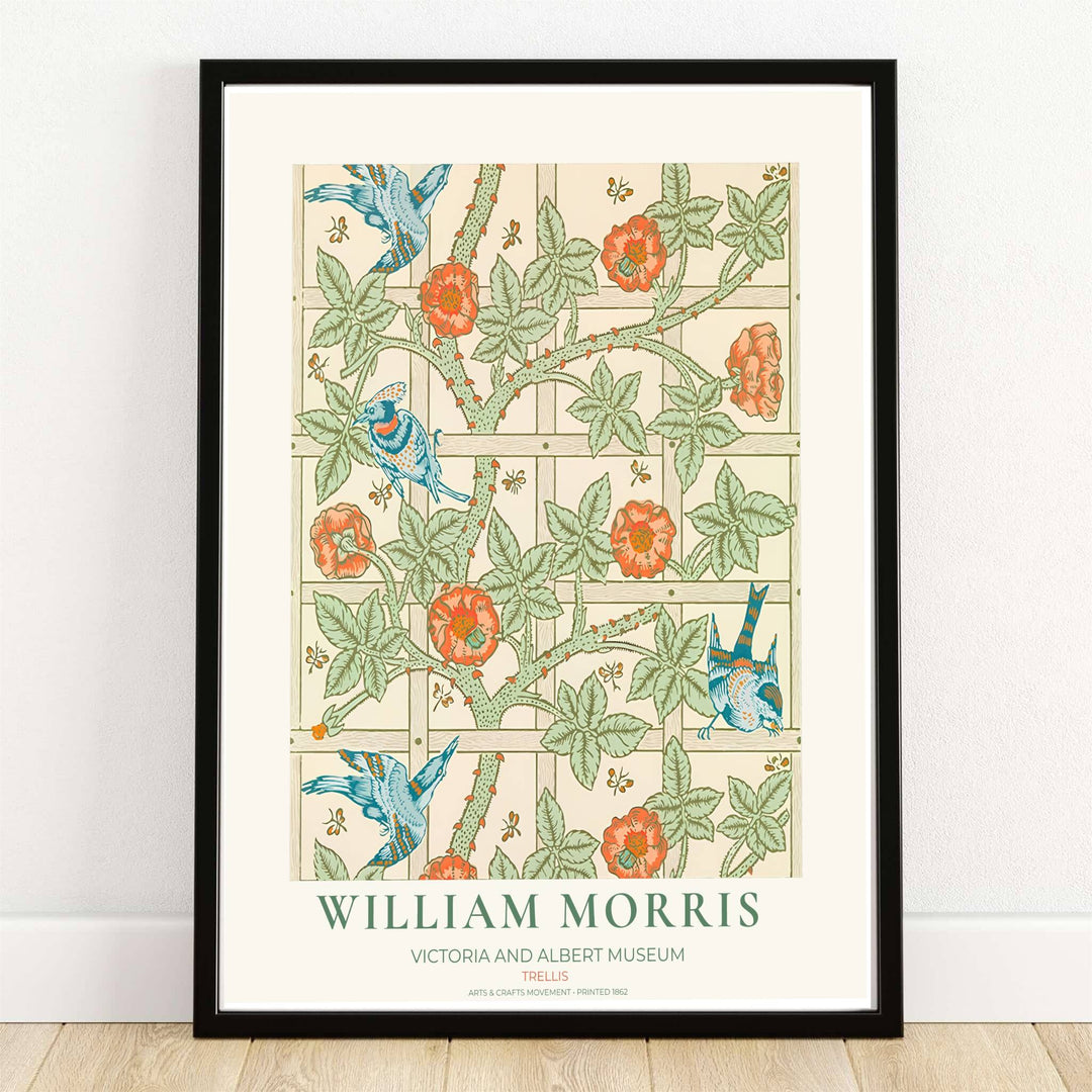 Coral roses and blue birds rest on a wooden lattice in this William Morris Trellis print. MapYourDreams supplies this vintage garden artwork in framed, unframed, and canvas options available for peaceful bedroom wall decor.