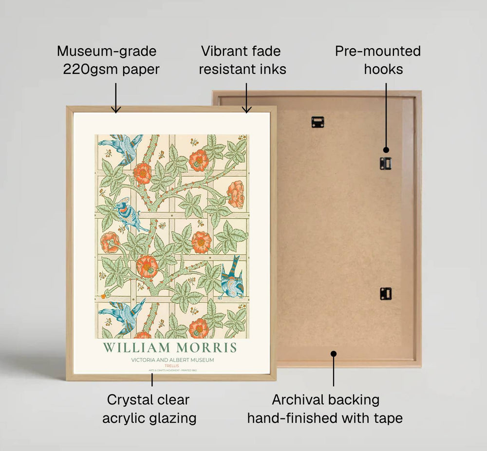 Blue songbirds amid thorny green rose vines define this 1862 William Morris Trellis poster. Discover high-quality framed, unframed, and canvas options available at MapYourDreams to style your living room gallery wall.
