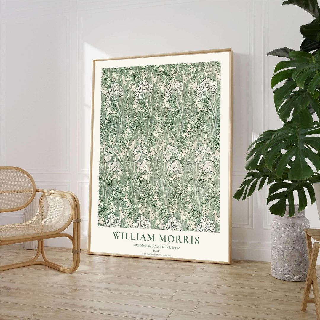 Monochromatic green tulip blossoms and swirling leaves highlight this restored William Morris Tulip print design. Order beautiful framed, unframed, and canvas options available at MapYourDreams to create a focal point.