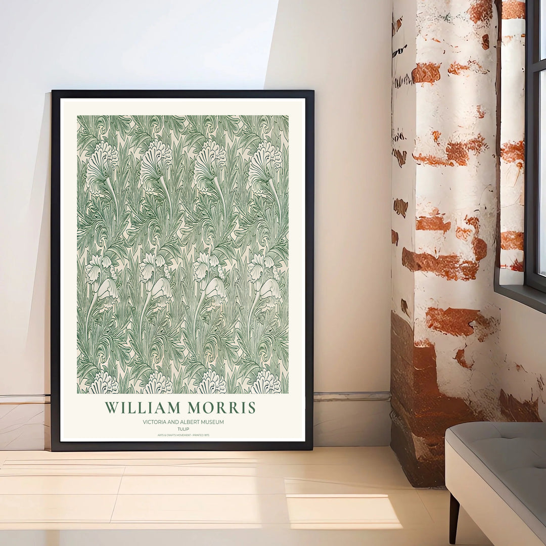 Inspired by classic 1875 wallpaper, this William Morris Tulip art piece features delicate botanical graphics. Explore versatile framed, unframed, and canvas options available at MapYourDreams for minimalist decor.