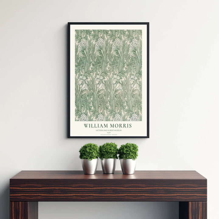 Green tulip petals mix with swirling foliage in this William Morris Tulip wall poster. MapYourDreams delivers museum-grade framed, unframed, and canvas options available with fast shipping for art lovers.