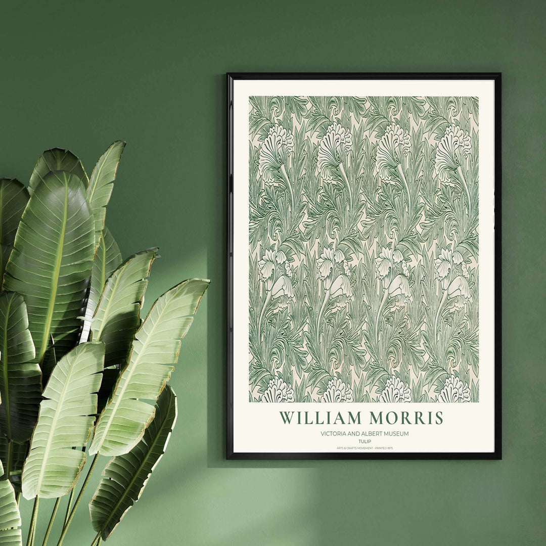 Sage green and warm cream shades combine in this timeless English William Morris Tulip print layout. Choose tailored framed, unframed, and canvas options available at MapYourDreams to complement wooden furniture.