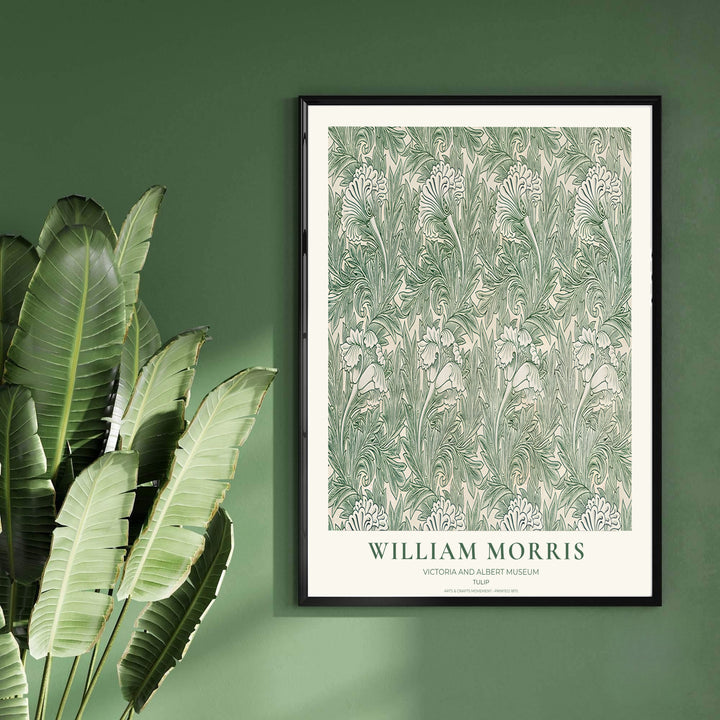 Sage green and warm cream shades combine in this timeless English William Morris Tulip print layout. Choose tailored framed, unframed, and canvas options available at MapYourDreams to complement wooden furniture.
