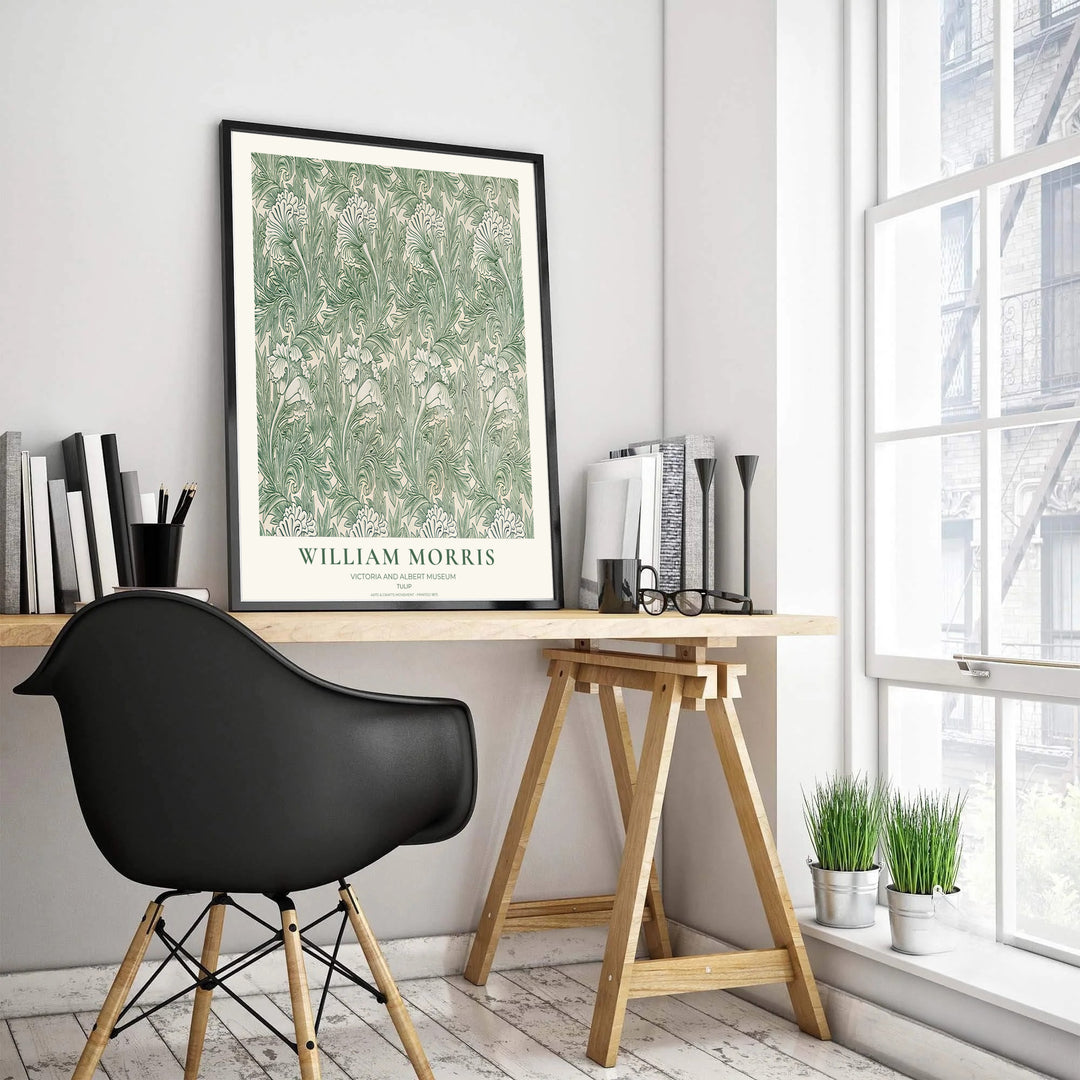 Bring serene sage green tones to your home with this green and cream William Morris Tulip exhibition layout. MapYourDreams offers custom framed, unframed, and canvas options available for home office or hallway displays.