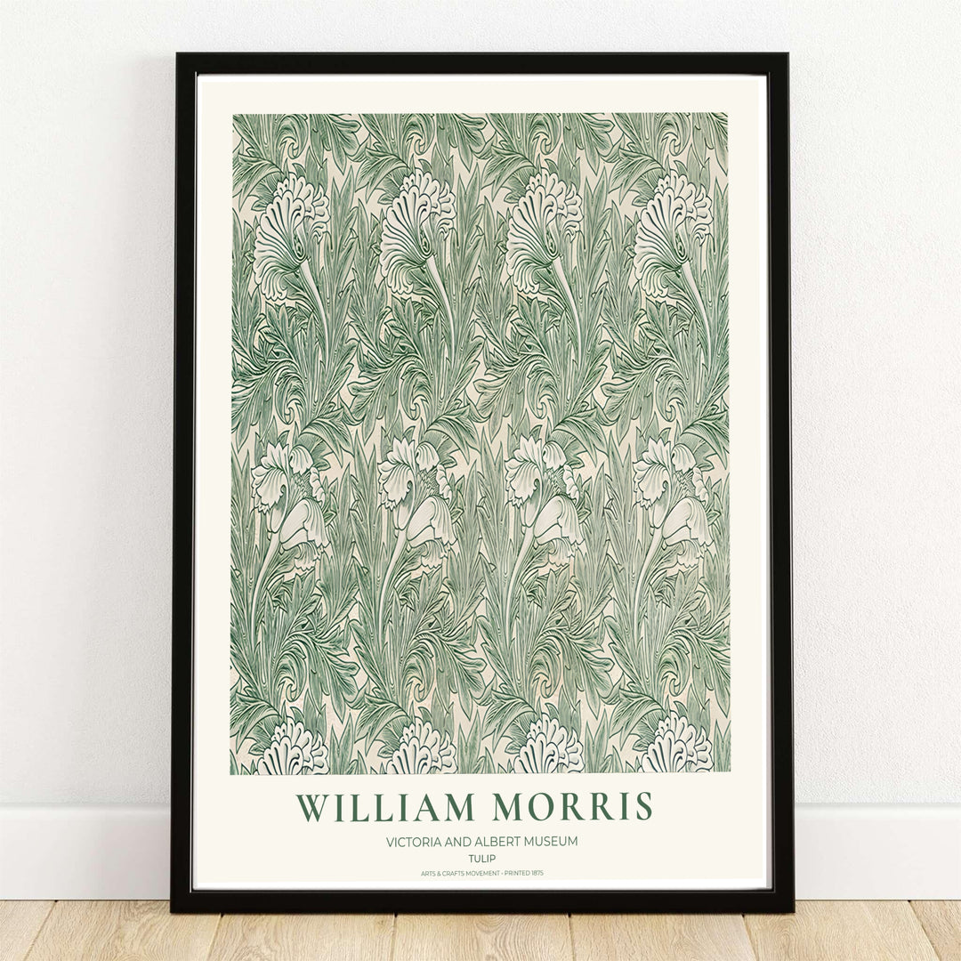 Delicate green tulip linework covers a cream field in this William Morris Tulip print. MapYourDreams supplies this vintage botanical artwork in framed, unframed, and canvas options available for peaceful bedroom wall decor.