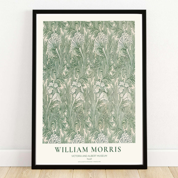 Delicate green tulip linework covers a cream field in this William Morris Tulip print. MapYourDreams supplies this vintage botanical artwork in framed, unframed, and canvas options available for peaceful bedroom wall decor.