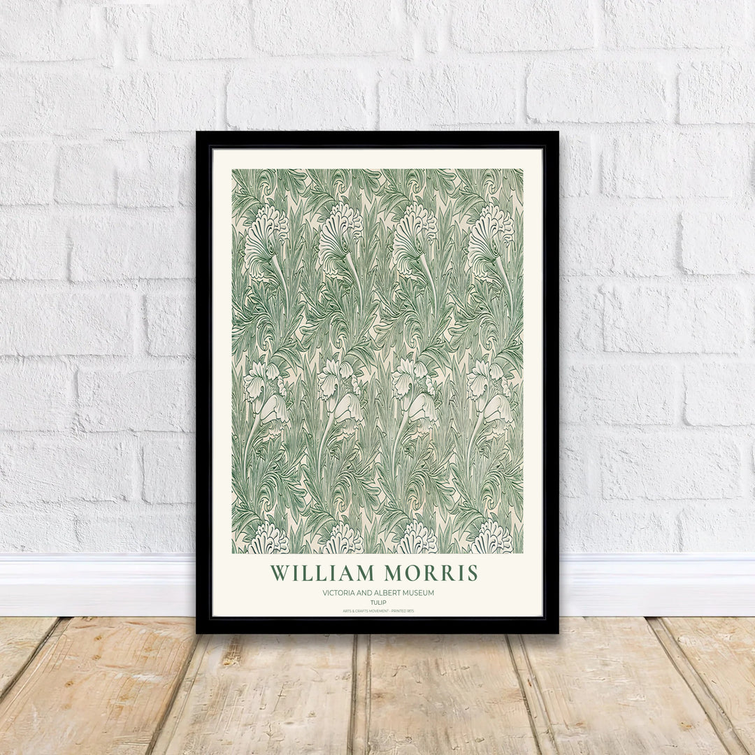 A soft green botanical pattern highlights this 19th-century William Morris Tulip exhibition poster. Shop premium framed, unframed, and canvas options available online today from MapYourDreams for serene wall spaces.