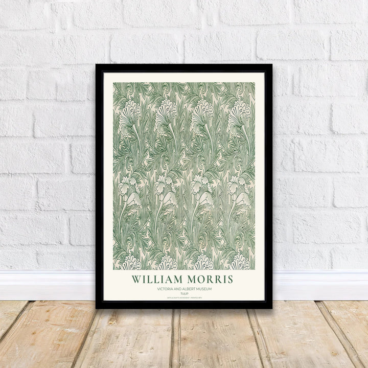A soft green botanical pattern highlights this 19th-century William Morris Tulip exhibition poster. Shop premium framed, unframed, and canvas options available online today from MapYourDreams for serene wall spaces.