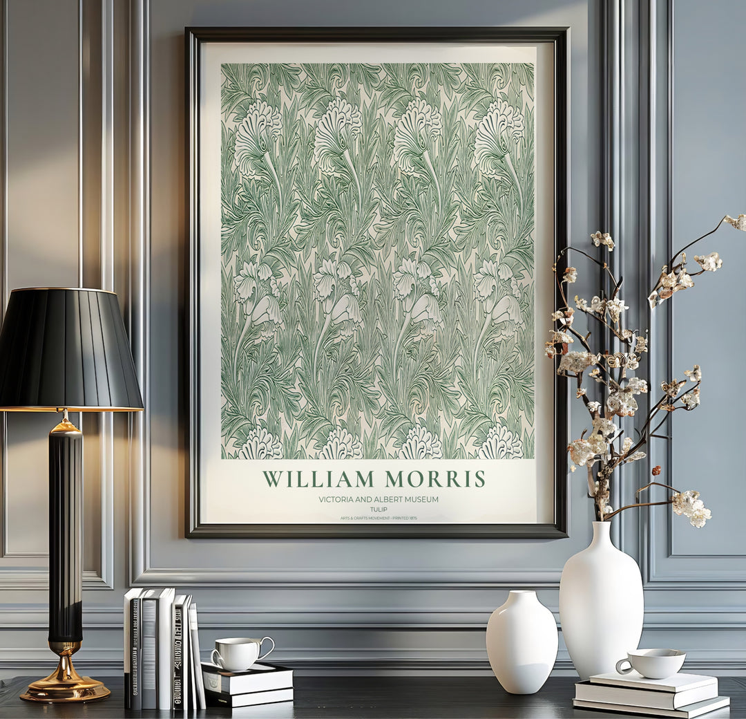 Historical Arts and Crafts wallpaper graphics set in a cream museum border shine in this William Morris Tulip poster. MapYourDreams presents professional framed, unframed, and canvas options available for any room.