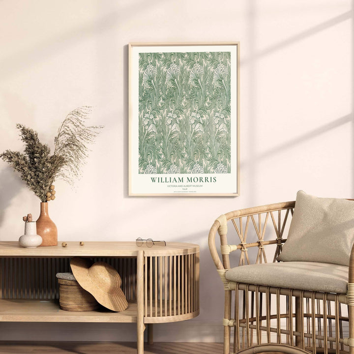 Sage green foliage and cream tulips decorate this restored William Morris Tulip wall art piece. Buy long-lasting framed, unframed, and canvas options available at MapYourDreams to expand your home art collection.