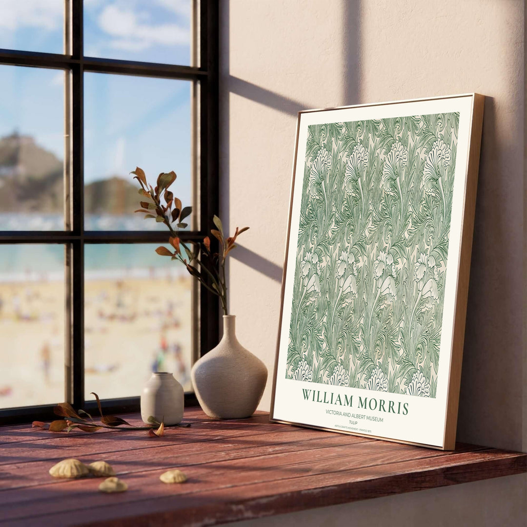 Soft green botanical patterns and cream fields create contrast in this Victorian William Morris Tulip wall poster. Select durable framed, unframed, and canvas options available at MapYourDreams for picture frame setups.
