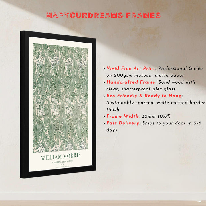 Flowing tulip vines and green leaves create a serene aesthetic in this William Morris Tulip art print. MapYourDreams features high-resolution framed, unframed, and canvas options available for master bedroom walls.