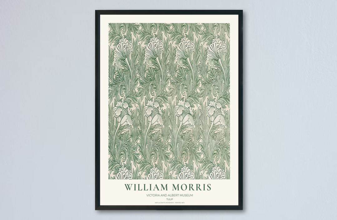 Soft sage and forest green colors lend a relaxing feel to this William Morris Tulip layout. Browse archival framed, unframed, and canvas options available at MapYourDreams to build a vintage gallery wall display.