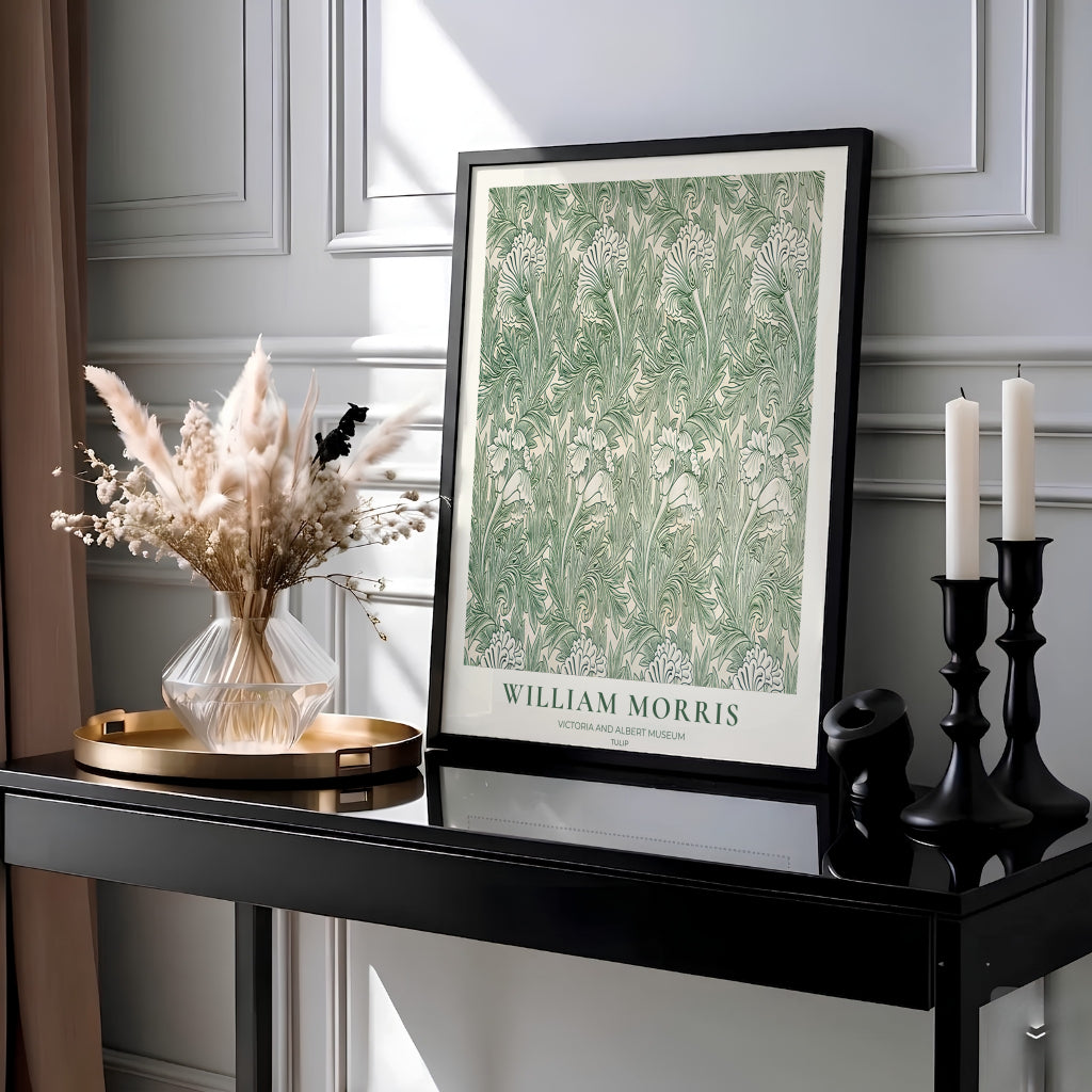 Symmetrical floral lattices rendered in green line art fill this William Morris Tulip print. MapYourDreams provides archival framed, unframed, and canvas options available for nature-inspired home interior decoration.