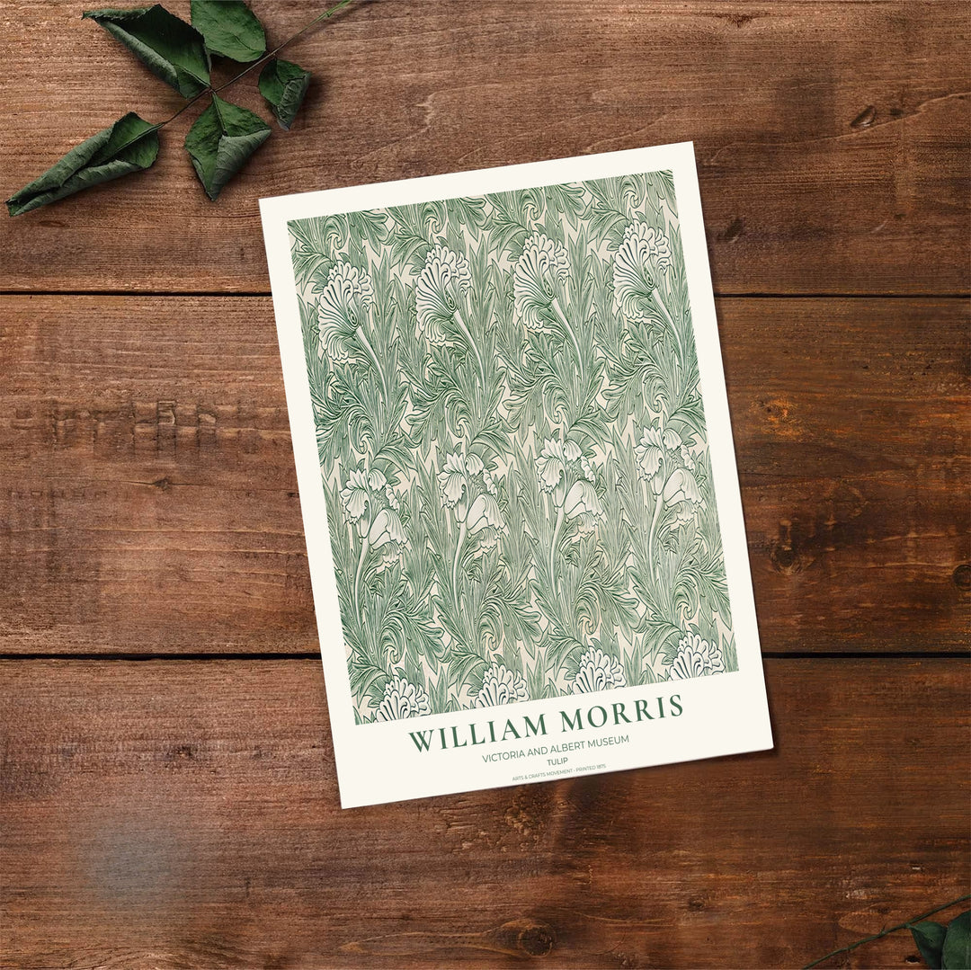 English textile heritage shines in this green and cream William Morris Tulip illustration. Order custom framed, unframed, and canvas options available at MapYourDreams to establish a serene home interior accent.