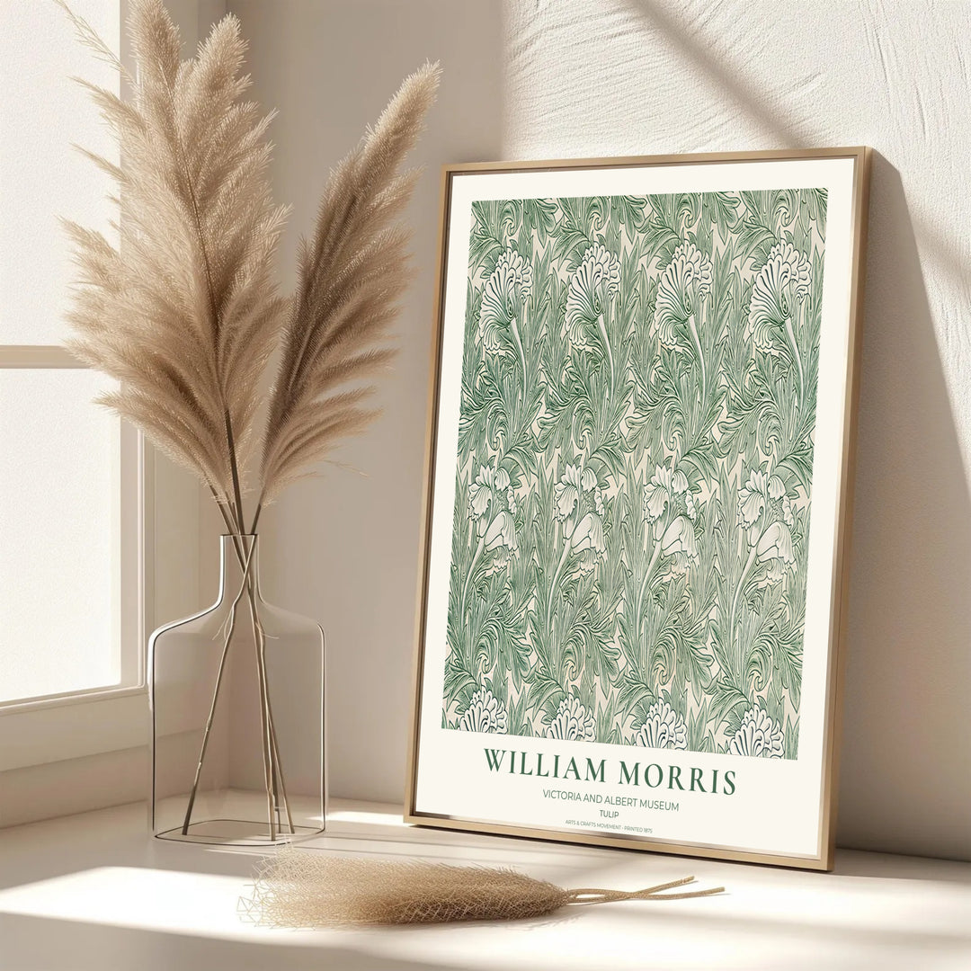 Swirling botanical branches enclose tulip heads in this vintage William Morris Tulip design for wall decor. MapYourDreams offers versatile framed, unframed, and canvas options available to refresh your space.