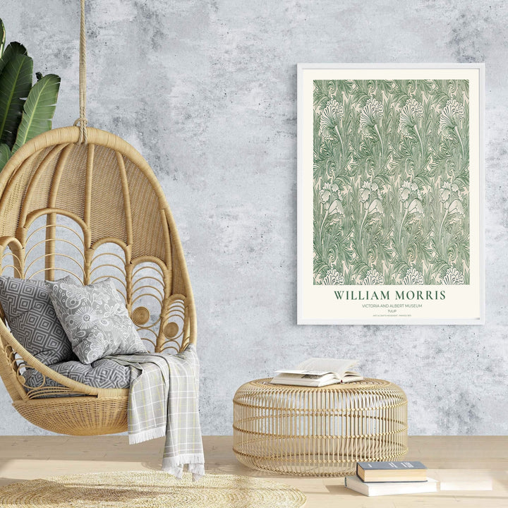 Stylized tulip and leaf art combine for a calm aesthetic in this William Morris Tulip poster. Shop ready-to-ship framed, unframed, and canvas options available from MapYourDreams to complement modern decor.