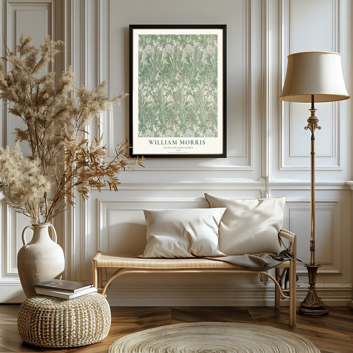 Botanical line art and sage green tulip patterns bring historic charm in this William Morris Tulip print. MapYourDreams delivers museum-quality framed, unframed, and canvas options available for quick home delivery.