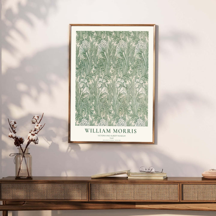 Muted green and cream wall decor inspired by 1875 wallpaper defines this William Morris Tulip print. MapYourDreams brings tailored framed, unframed, and canvas options available to match your unique home style.