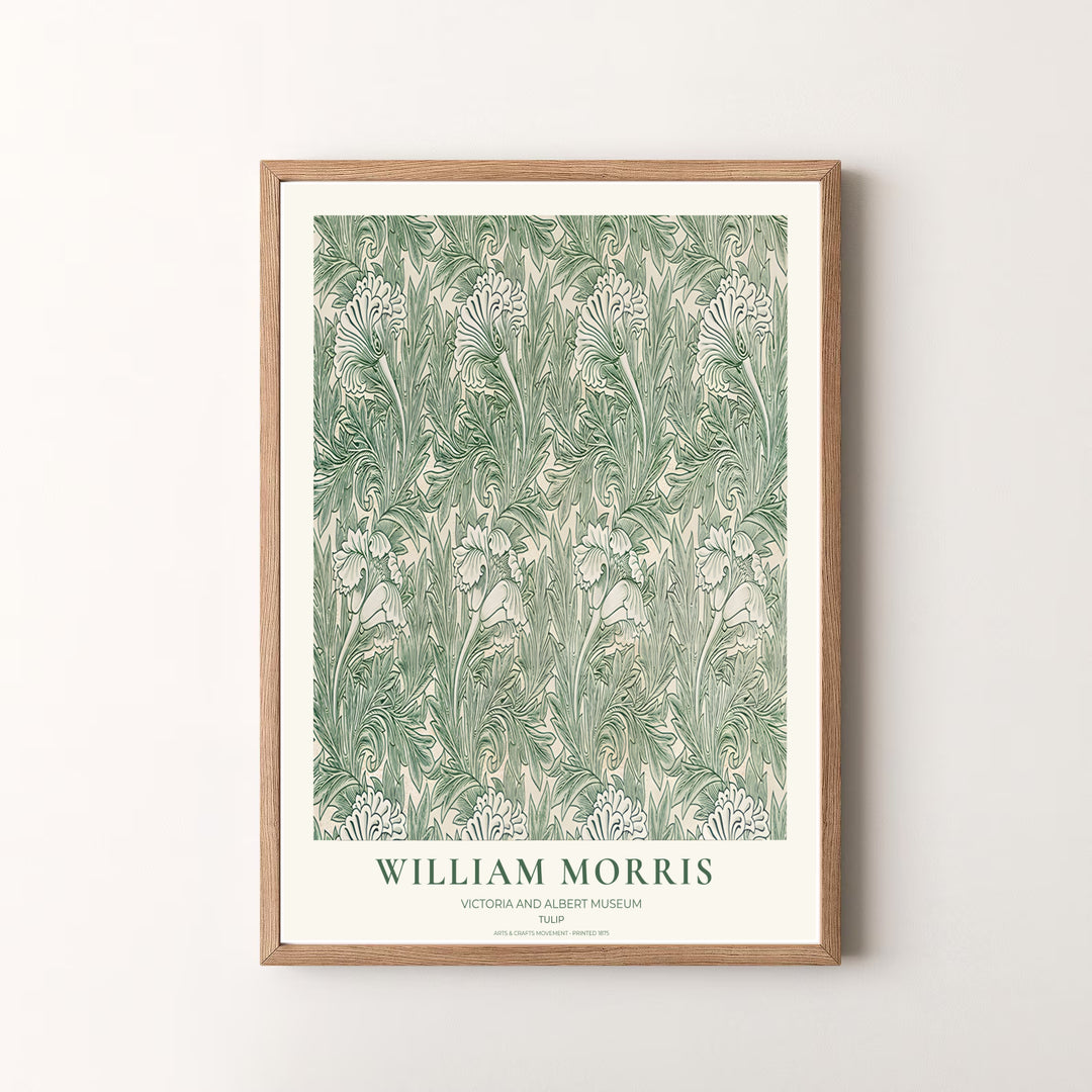 Authentic museum typography frames this green and cream William Morris Tulip art layout. Pick high-contrast framed, unframed, and canvas options available at MapYourDreams for a refined art presentation.