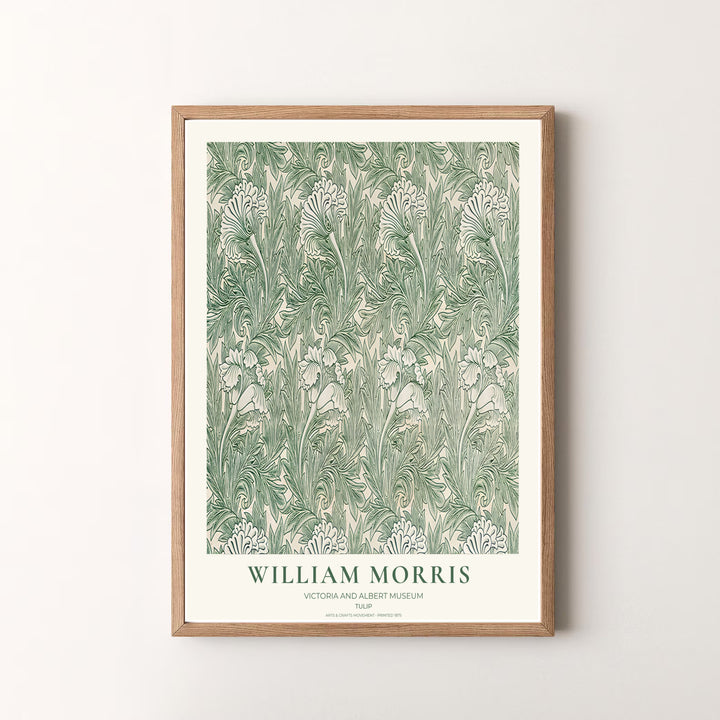 Authentic museum typography frames this green and cream William Morris Tulip art layout. Pick high-contrast framed, unframed, and canvas options available at MapYourDreams for a refined art presentation.