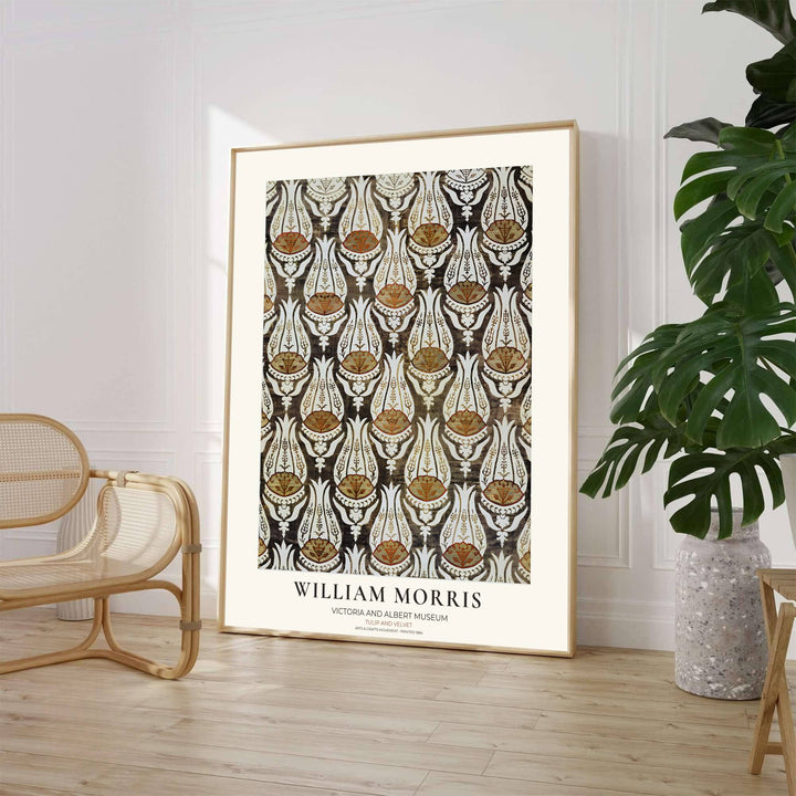 Terracotta tulip centers and cream serrated foliage highlight this restored William Morris Tulip Velvet print design. Order beautiful framed, unframed, and canvas options available at MapYourDreams to create a focal point.