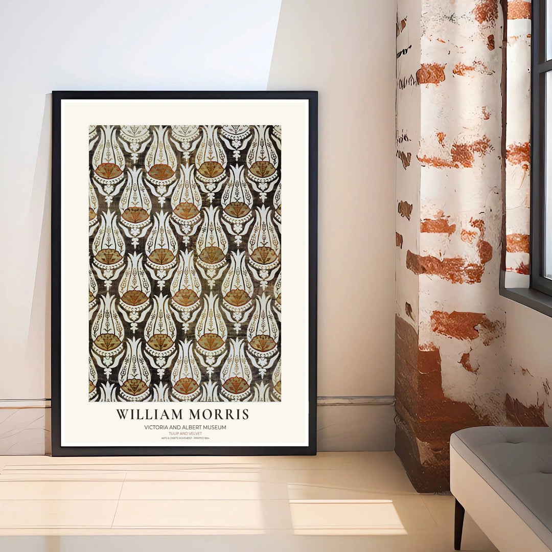 Inspired by 1884 cut-velvet fabrics, this William Morris Tulip Velvet art piece features Ottoman textile graphics. Explore versatile framed, unframed, and canvas options available at MapYourDreams for elegant decor.