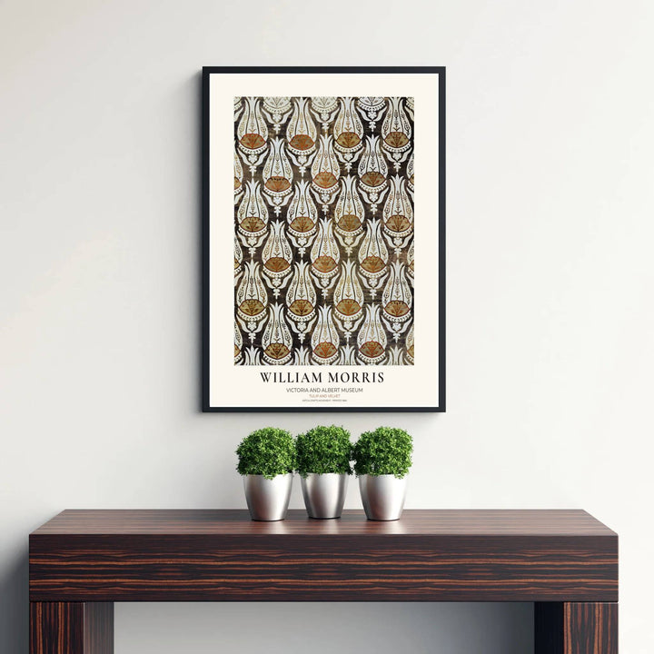 Cream serrated leaves and terracotta tulips mix in this William Morris Tulip Velvet wall poster. MapYourDreams delivers museum-grade framed, unframed, and canvas options available with fast shipping for art lovers.