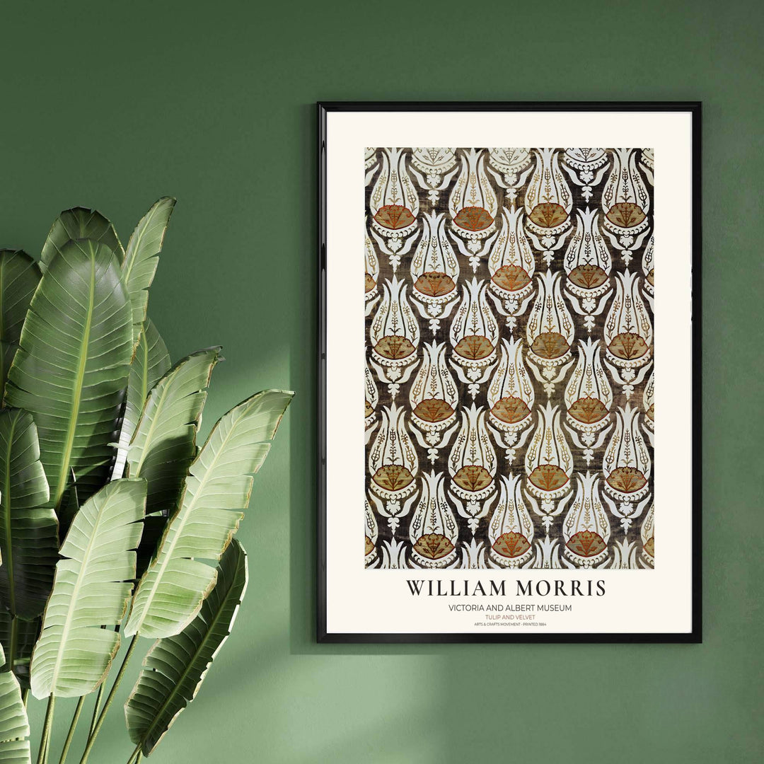 Charcoal grey and warm terracotta shades combine in this timeless English William Morris Tulip Velvet print layout. Choose tailored framed, unframed, and canvas options available at MapYourDreams to complement leather furniture.