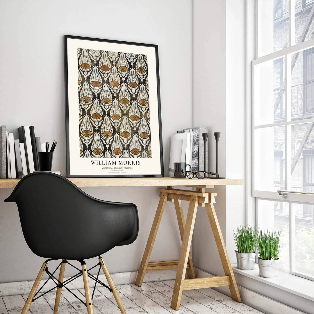 Bring rich neutral tones to your home with this charcoal and cream William Morris Tulip Velvet exhibition layout. MapYourDreams offers custom framed, unframed, and canvas options available for sophisticated wall displays.
