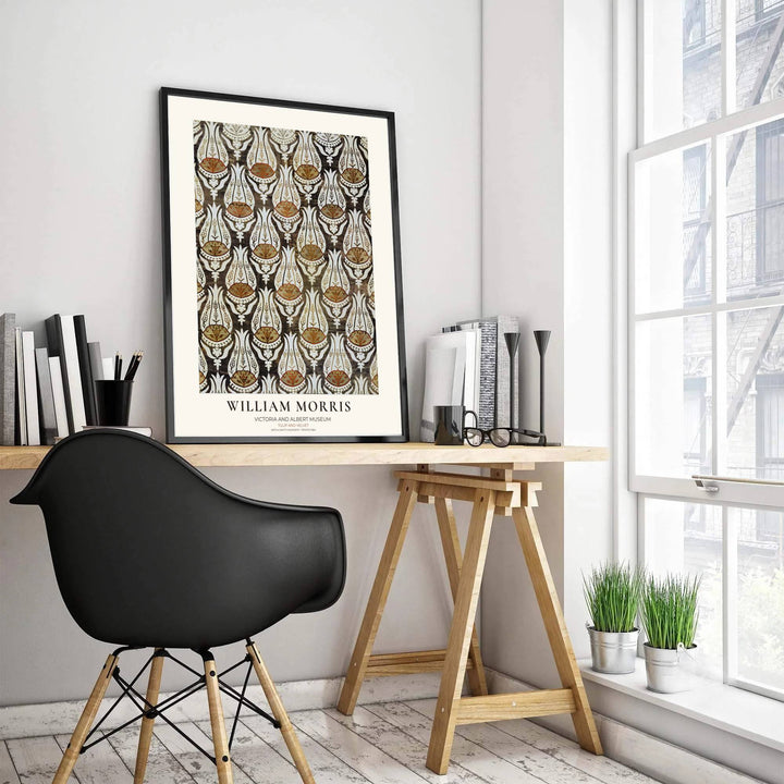 Bring rich neutral tones to your home with this charcoal and cream William Morris Tulip Velvet exhibition layout. MapYourDreams offers custom framed, unframed, and canvas options available for sophisticated wall displays.