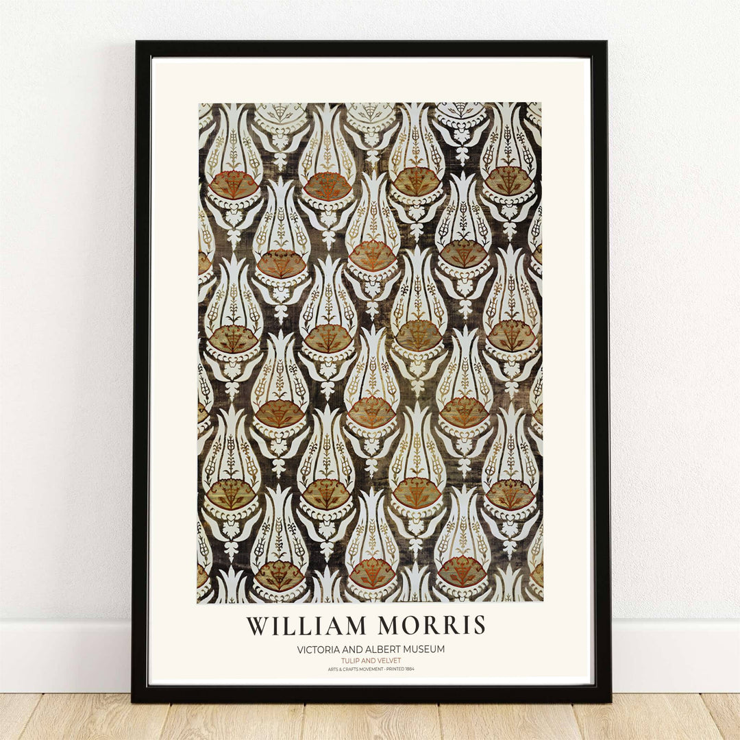 Charcoal velvet textures and cream tulip leaves highlight this William Morris Tulip Velvet print. MapYourDreams supplies this vintage textile artwork in framed, unframed, and canvas options available for moody study wall decor.