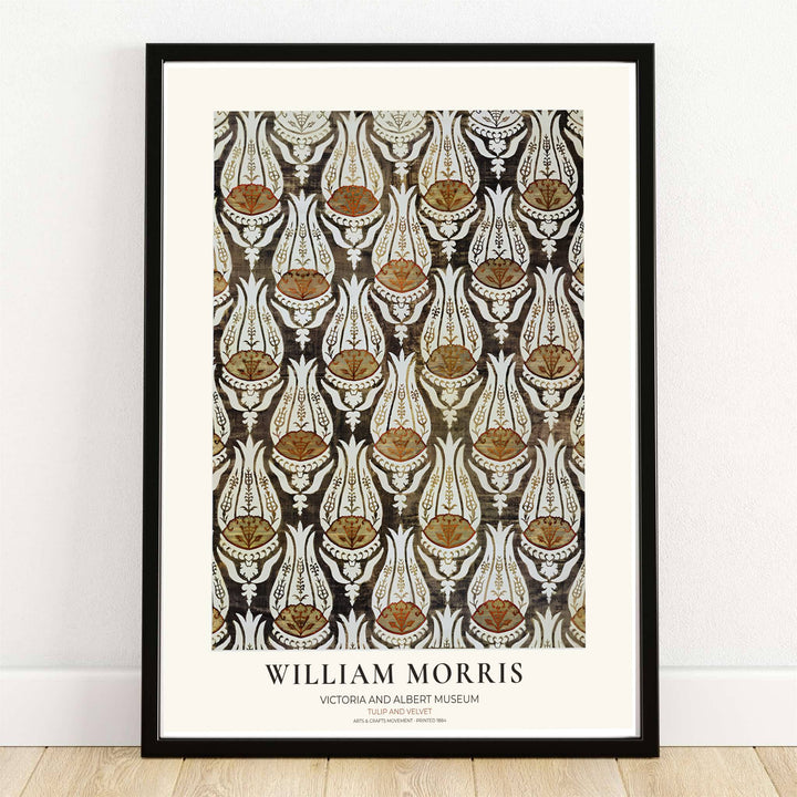 Charcoal velvet textures and cream tulip leaves highlight this William Morris Tulip Velvet print. MapYourDreams supplies this vintage textile artwork in framed, unframed, and canvas options available for moody study wall decor.