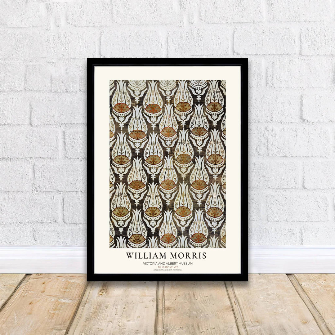 A dark velvet textile pattern highlights this 19th-century William Morris Tulip Velvet exhibition poster. Shop premium framed, unframed, and canvas options available online today from MapYourDreams for cozy wall spaces.