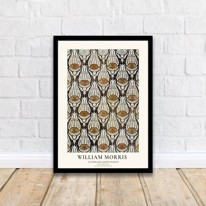 A dark velvet textile pattern highlights this 19th-century William Morris Tulip Velvet exhibition poster. Shop premium framed, unframed, and canvas options available online today from MapYourDreams for cozy wall spaces.