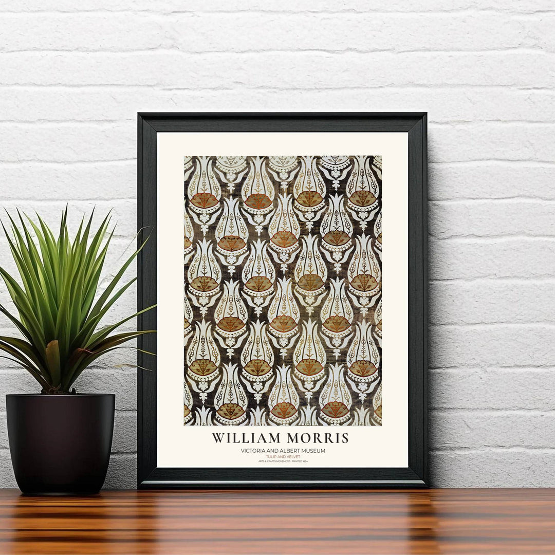 Intricate cut-velvet fabric details and cream margins define this William Morris Tulip Velvet print. MapYourDreams offers fine art framed, unframed, and canvas options available to elevate office gallery wall setups.