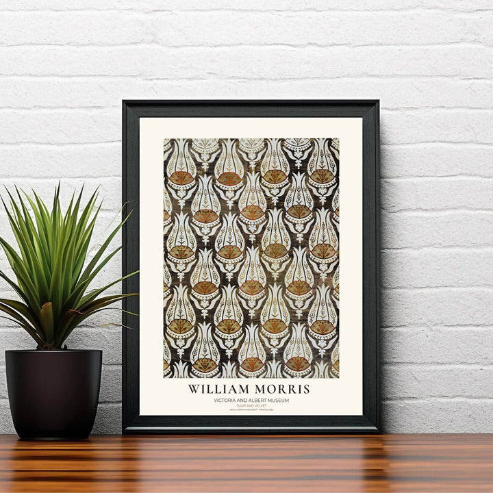 Intricate cut-velvet fabric details and cream margins define this William Morris Tulip Velvet print. MapYourDreams offers fine art framed, unframed, and canvas options available to elevate office gallery wall setups.