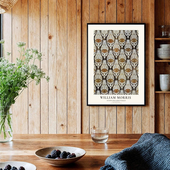 Terracotta tulip heads and serrated vines cover a charcoal background in this William Morris Tulip Velvet art print. Discover ready-to-hang framed, unframed, and canvas options available at MapYourDreams for room decor.