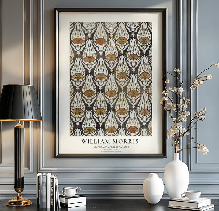 Historical Arts and Crafts velvet fabric graphics set in a cream museum border shine in this William Morris Tulip Velvet poster. MapYourDreams presents professional framed, unframed, and canvas options available for any room.