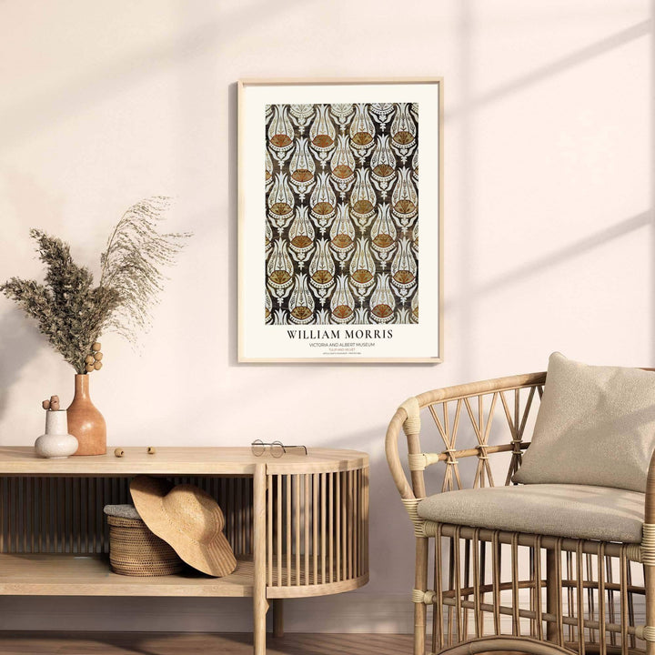 Terracotta tulip accents and cream leaves decorate this restored William Morris Tulip Velvet wall art piece. Buy long-lasting framed, unframed, and canvas options available at MapYourDreams to expand your art collection.