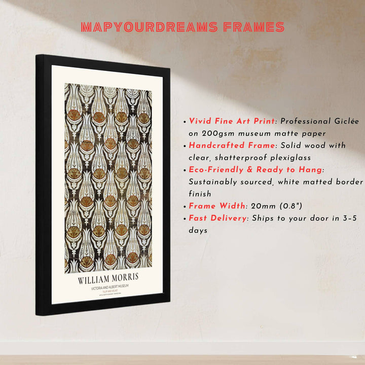 Architectural velvet vines and tulip motifs create a rich aesthetic in this William Morris Tulip Velvet art print. MapYourDreams features high-resolution framed, unframed, and canvas options available for bedroom walls.